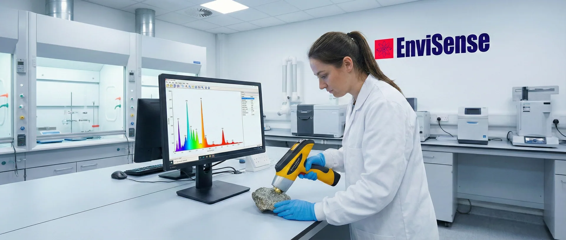Analysing a mineral sample with a handheld XRF spectrometer in the EnviSense laboratory